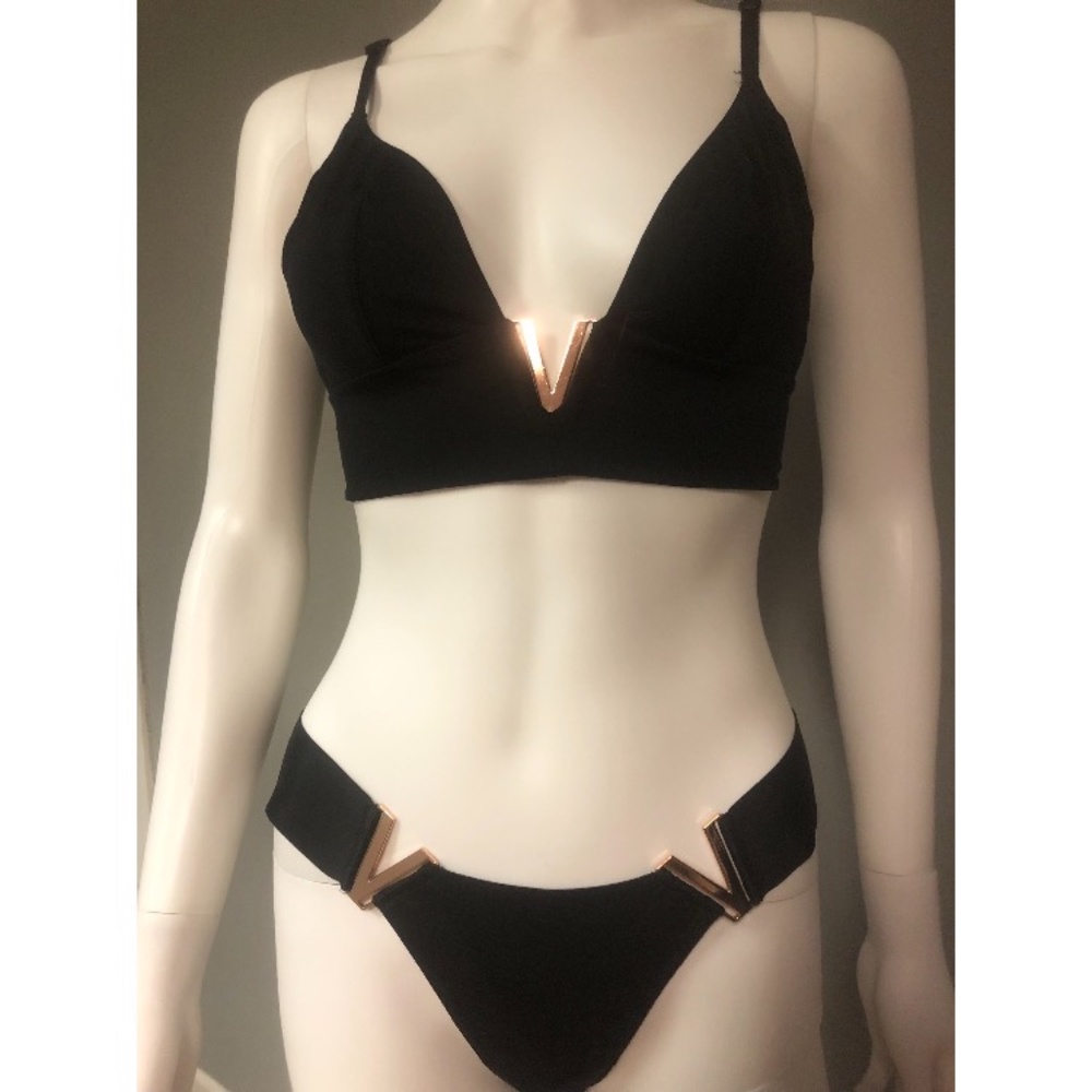 Victoria's Secret 2 piece black swimsuit bikini, gold V's